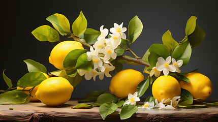 Lemon branch with blossom on grey background. Citrus illustration concept