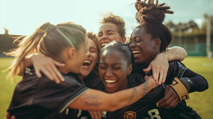 A team of athletes hugs and rejoices in victory - obrazy, fototapety, plakaty