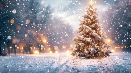 winter wonderland with a sparkling Christmas tree, snowflakes, and twinkling lights, evoking the enchantment of the holiday season