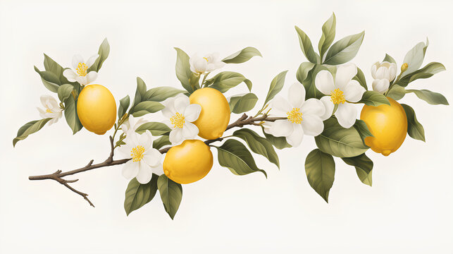 Lemon branch with blossom on white background. Citrus illustration