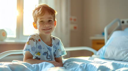 Little happy child sitting on bed in hospital ward