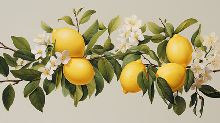 Lemon branch with blossom on grey background. Citrus illustration concept