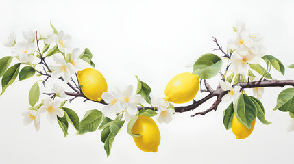 Lemon branch with blossom on white background. Citrus illustration