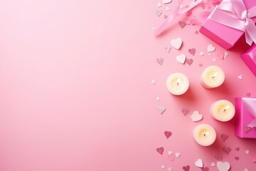 Valentine's Day setting with gift boxes, heart confetti, candles, and ribbon on pink background. Valentine's Composition with Gifts and Candles