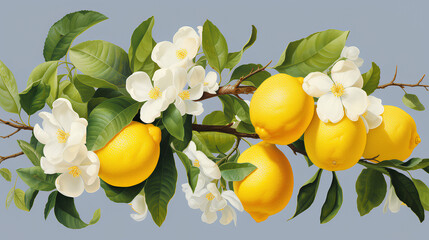 Lemon branch with blossom on blue background. Citrus illustration