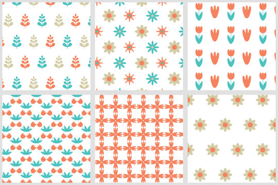 Floral regular seamless pattern set. Colorful simple flower shapes in Scandinavian style repeat on white background. Vector illustration.