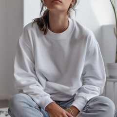 Young woman wearing a casual white sweatshirt and jeans.