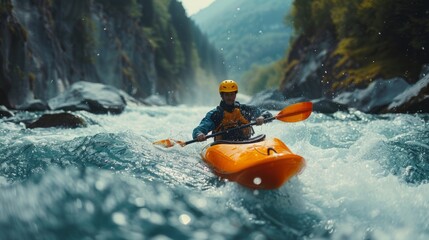 Whitewater kayaking. Extreme kayaking. Athlete young guy, in kayak sails on wild mountain river...