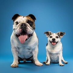 Beautiful terrier mix and English bulldog dogs isolated on blue background. looking at camera .front view.dog studio portrait.happy dog .dog isolated .puppy isolated .puppy closeup face,indoors.