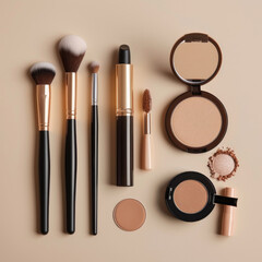 A collection of makeup brushes and products, including a compact powder