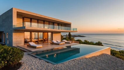 Fototapeta premium A beachfront villa with walls transitioning smoothly through the colors of the sunset over the ocean Generative AI