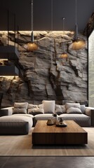 A modern living room with a large stone wall and a wooden coffee table