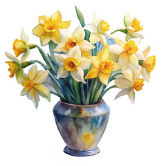 vase of daffodil, watercolor isolated on transparent background, element remove background, element for design