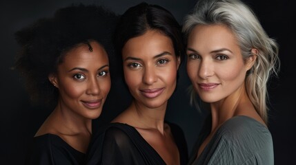 Three elegant women of different ethnicities. Professional portrait of three sophisticated women of varying ethnic backgrounds in black attire