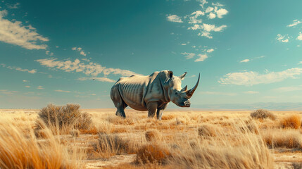 rhino near to extinction specie, Earth Day or World Wildlife Day concept. Save our planet, protect green nature and endangered species, biological diversity theme