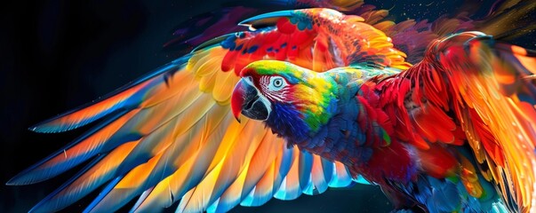 Vibrant macaw parrot spreading wings
