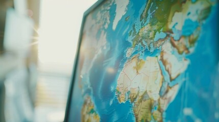 Intricate extreme close-up of a travel agent's computer screen showcasing enticing vacation deals, enticing customers with exclusive promotions for tourism marketing and promotion.