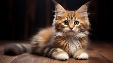 Lovely ginger Domestic cat is eight weeks old. Face close-up. Eye contact.