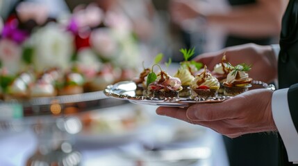 Exquisite extreme close-up of a waiter's hand gracefully serving a gourmet appetizer on a silver platter, epitomizing the elegance and professionalism in event hospitality.