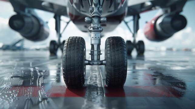 Capturing the precision of aviation, a detailed close-up depicts the touchdown of an airplane's landing gear on the runway, emblematic of the airline industry's unwavering performance.