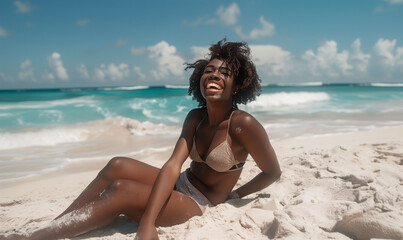 Fototapeta na wymiar Beautiful happy African woman enjoying a sunny summer day on a white sand beach with the refreshing sea in the background. Summer, vacation and beach concept.