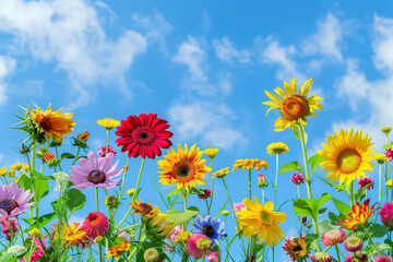 Colorful summer flowers, sunflowers,gerbera,daisy frame border on blue sky background with copy space for text