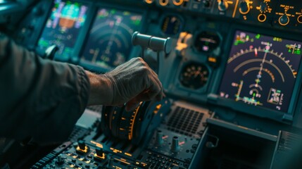 Macro shot of a pilot's hand adjusting controls in the cockpit, showcasing precision and expertise in the airline industry. - obrazy, fototapety, plakaty