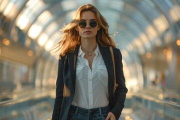 Stylish Woman in Sunglasses Walking through Modern Tunnel