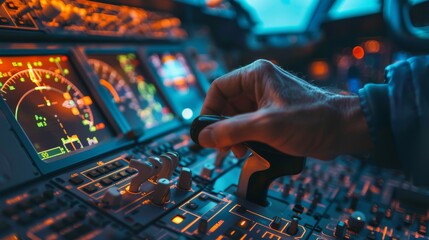 A close-up glimpse into the cockpit captures the skilled hand of a pilot meticulously adjusting controls, highlighting expertise and precision in aviation. - obrazy, fototapety, plakaty
