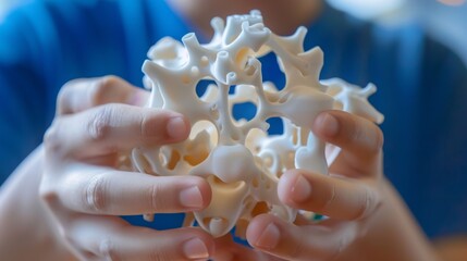 Detailed macro shot of a student's hands holding a 3D printed model designed for STEM learning, highlighting hands-on exploration in education.