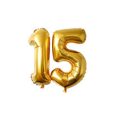 Obraz na płótnie Canvas Number 15 gold foil balloon isolated on transparent background. Helium balloon font.