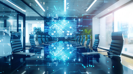 Boardroom meeting with futuristic holographic projections ,Double exposure of abstract virtual creative code skull hologram on modern corporate office background. Malware and cyber
 - obrazy, fototapety, plakaty