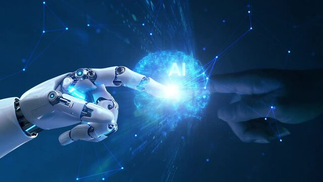 Robot hand 3D and human hand touch in AI artificial intelligence brain on big data network connection background. Matrix animation or big data processing,3D rendering graphic