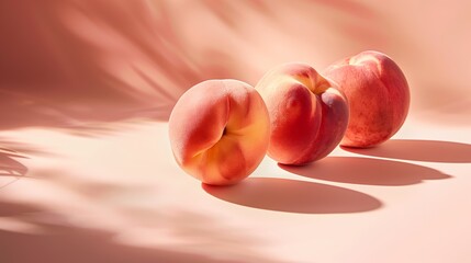 3 fresh peaches on a pastel orange colored background, Fruit studio photo, Summer fruit background,...