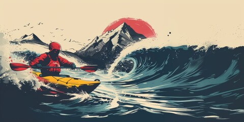 Drawn style. Illustration. Silhouette of sportsman in protective jacket and helmet at kayak sails on wild mountain river at sunset.