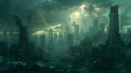 In this haunting digital art, a sun breaks through clouds over the desolate ruins of a post-apocalyptic city, hinting at both despair and hope. - obrazy, fototapety, plakaty