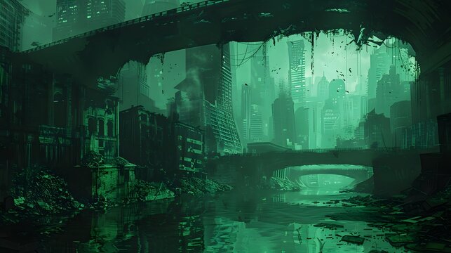 A haunting view of a flooded, ruined city bathed in a monochromatic green light, with remnants of civilization reflected in the still water.