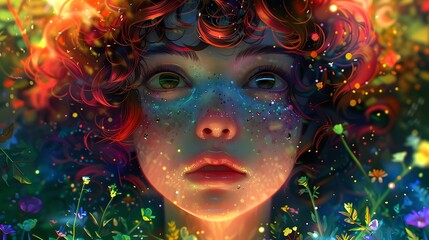 A captivating digital illustration portrays a girl with cosmic freckles, her face a canvas reflecting the vastness of the night sky.