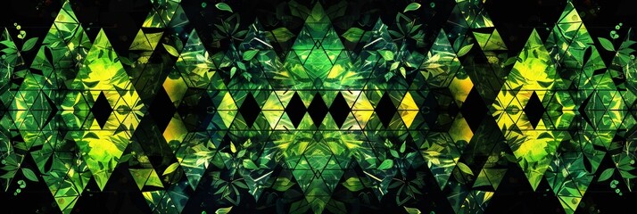 An abstract futuristic wallpaper with green neon leaf ornament, vibrant geometric shapes, and artistic elements. - obrazy, fototapety, plakaty