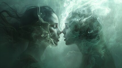Two faces are intimately close, shrouded in a dance of mystical smoke, suggesting a dreamlike state of connection and serenity. - obrazy, fototapety, plakaty