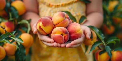 The girl in her hands holds a harvest of ripe, sweet peaches filled with vitamins.