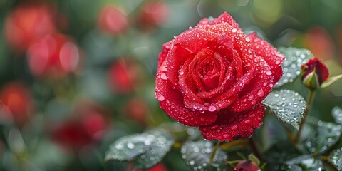A fragrant red rose, decorated with dew drops, symbolizes love and beauty.
