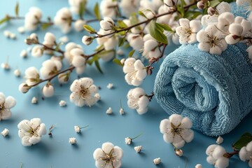 A tranquil spa oasis: soft blue towels, blooming branches, and fresh pink flowers promote relaxation.