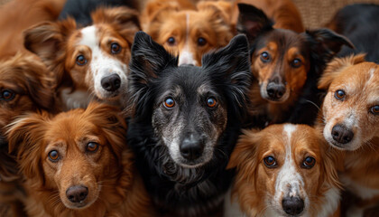 Group portrait of adorable dogs. Different dogs looking up. Group of pet dogs. Adorable cute pets background