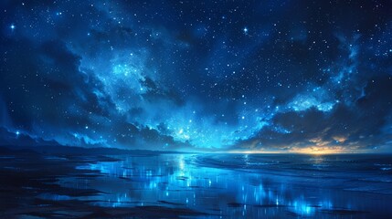 Starry night sky over the ocean