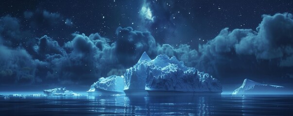 Starry night over icebergs in arctic ocean