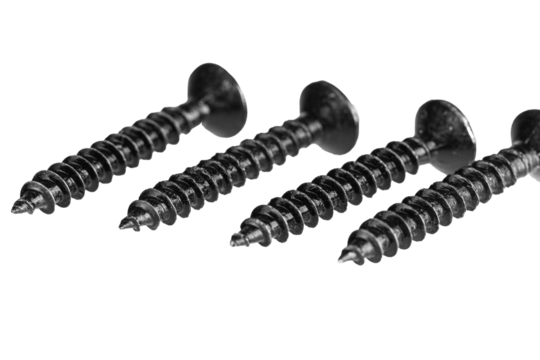 black wood screws on isolated white background close up