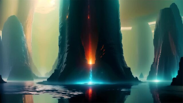 Giant alien monoliths tower over a still water surface, illuminated by a mystical light. The scene depicts an enigmatic and otherworldly landscape of grandeur.