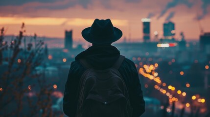 Man in hat overlooking city at dusk - obrazy, fototapety, plakaty