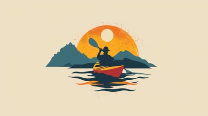 Painted style. Illustration. Silhouette of person in hat rowing canoe in competition against sunrise. Canoeing.